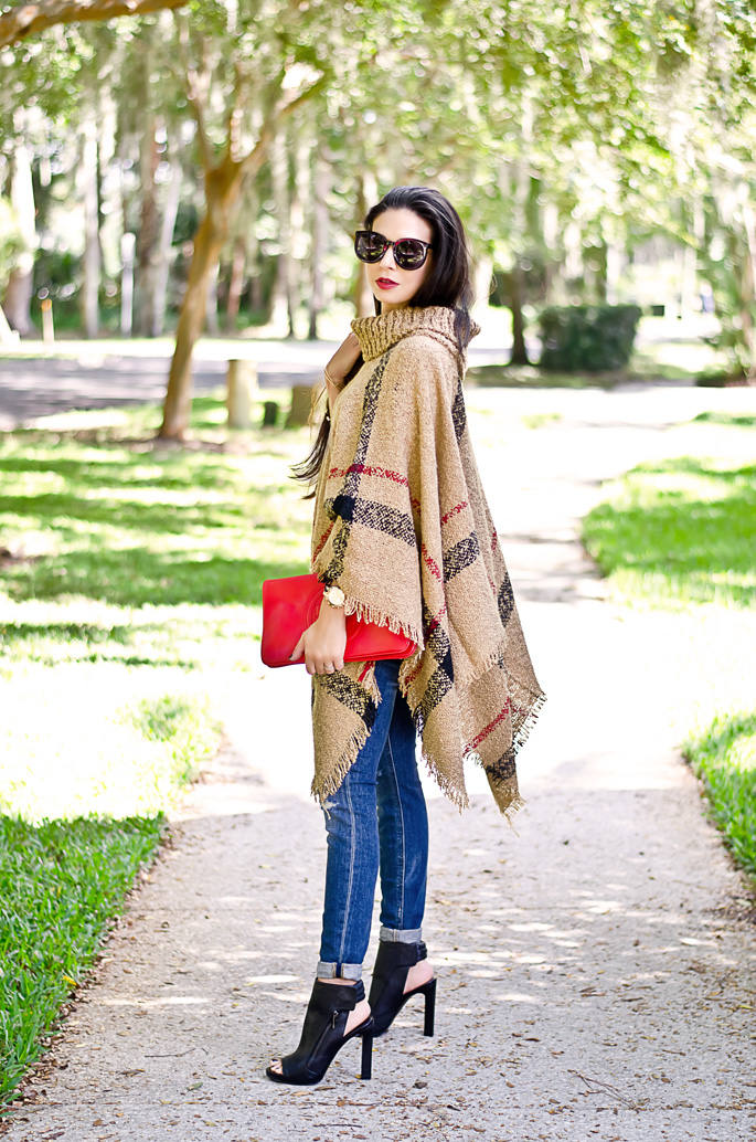 How-to-Wear-a-Poncho-Necessary-Clothing-Camel-Plaid-Poncho-Sweater-and-Tory-Burch-Red-Clutch-1